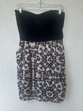Rebecca Taylor Black & Leopard Print Strapless Mini Dress, Size 4